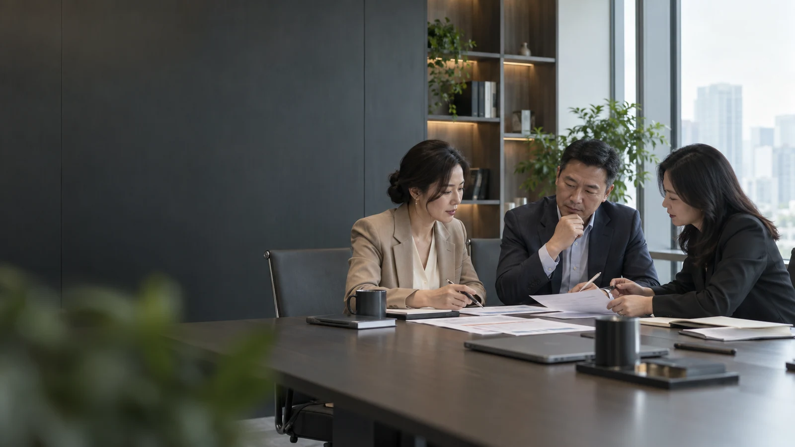 企业负责人和 HR 共同讨论管理流程材料，AI 生成场景示意