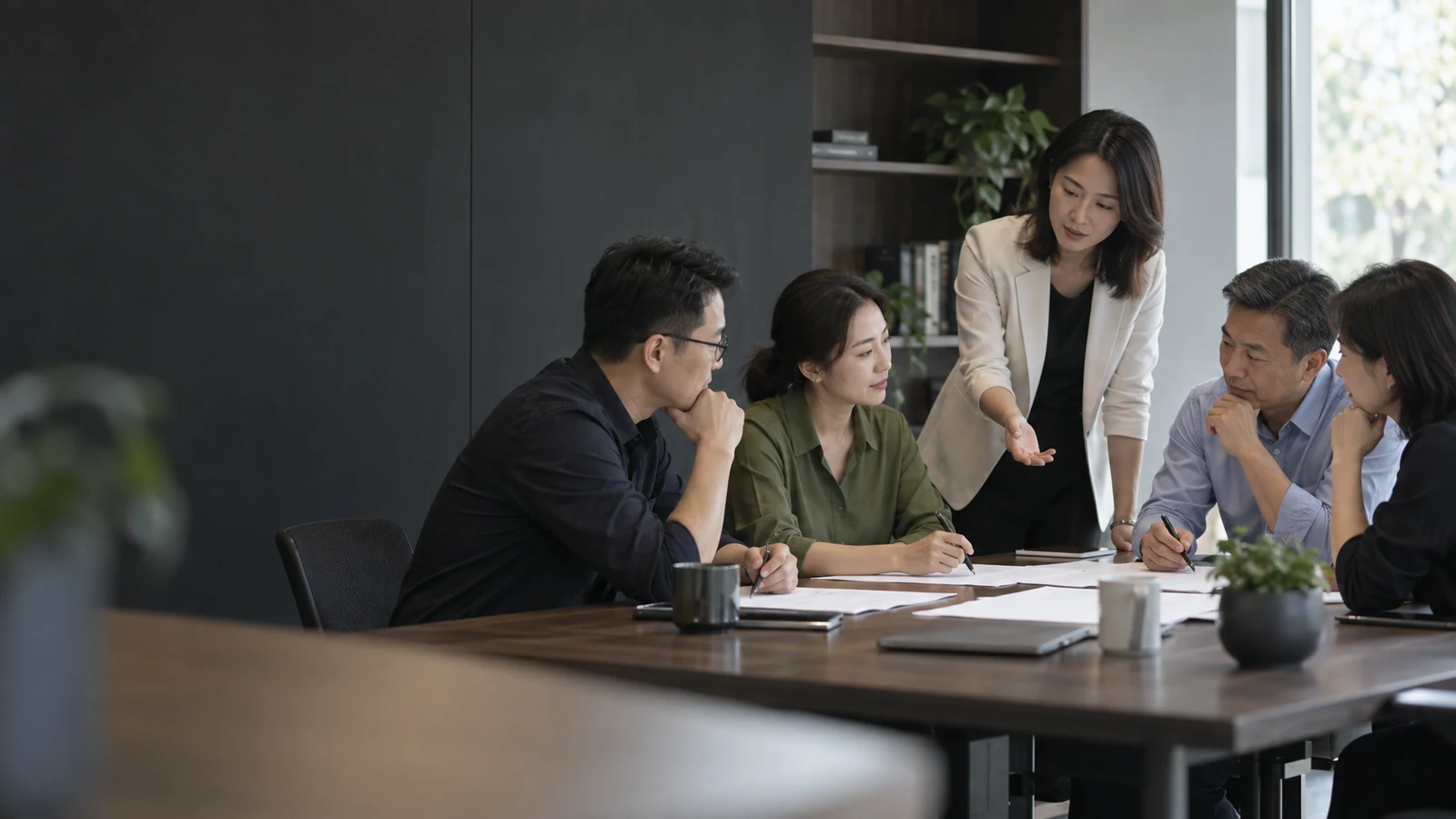 讲师与企业学员围绕工作案例开展小组练习，AI 生成场景示意