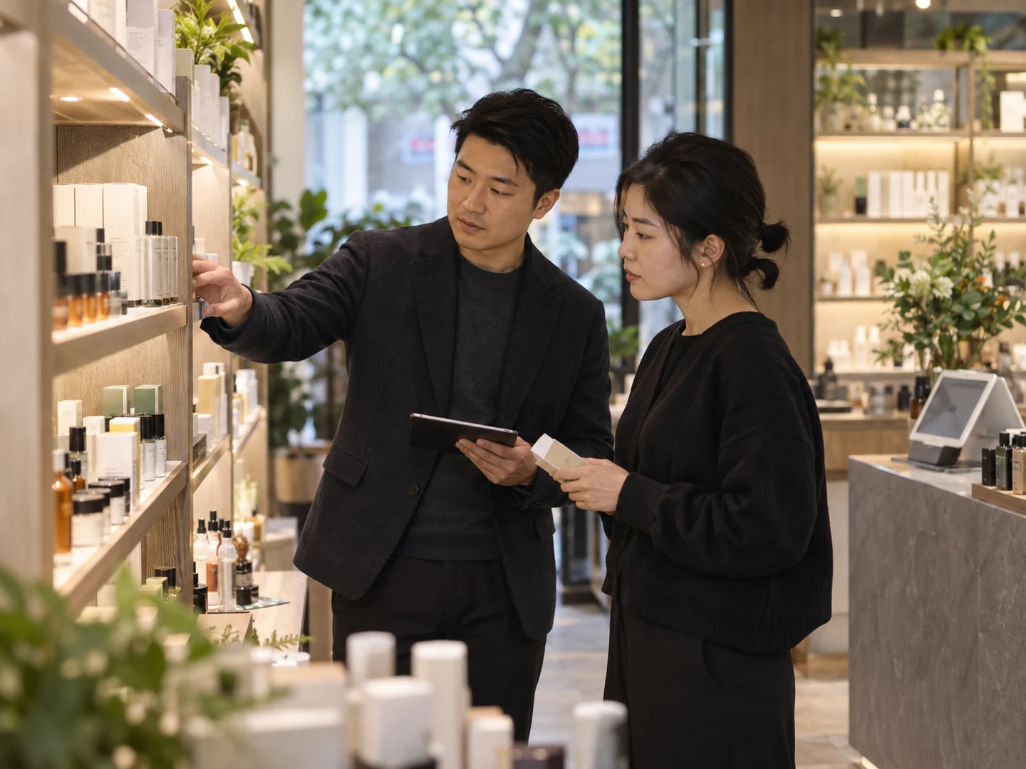 零售管理者在门店讨论商品陈列，AI 生成场景示意